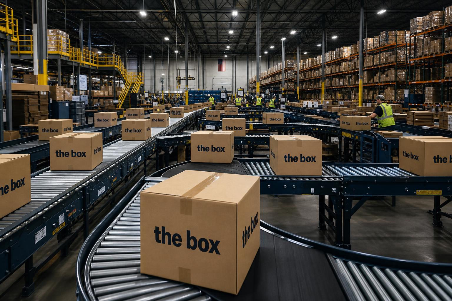 Modern raktár futószalagokkal, melyeken The Box feliratú dobozok haladnak